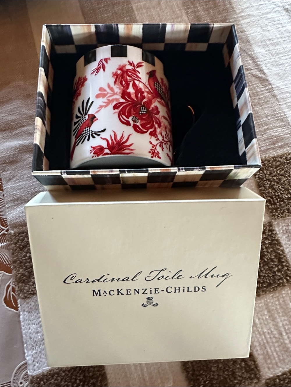 MacKenzie-Childs Red and Black Cardinal Toile Mug NWT
